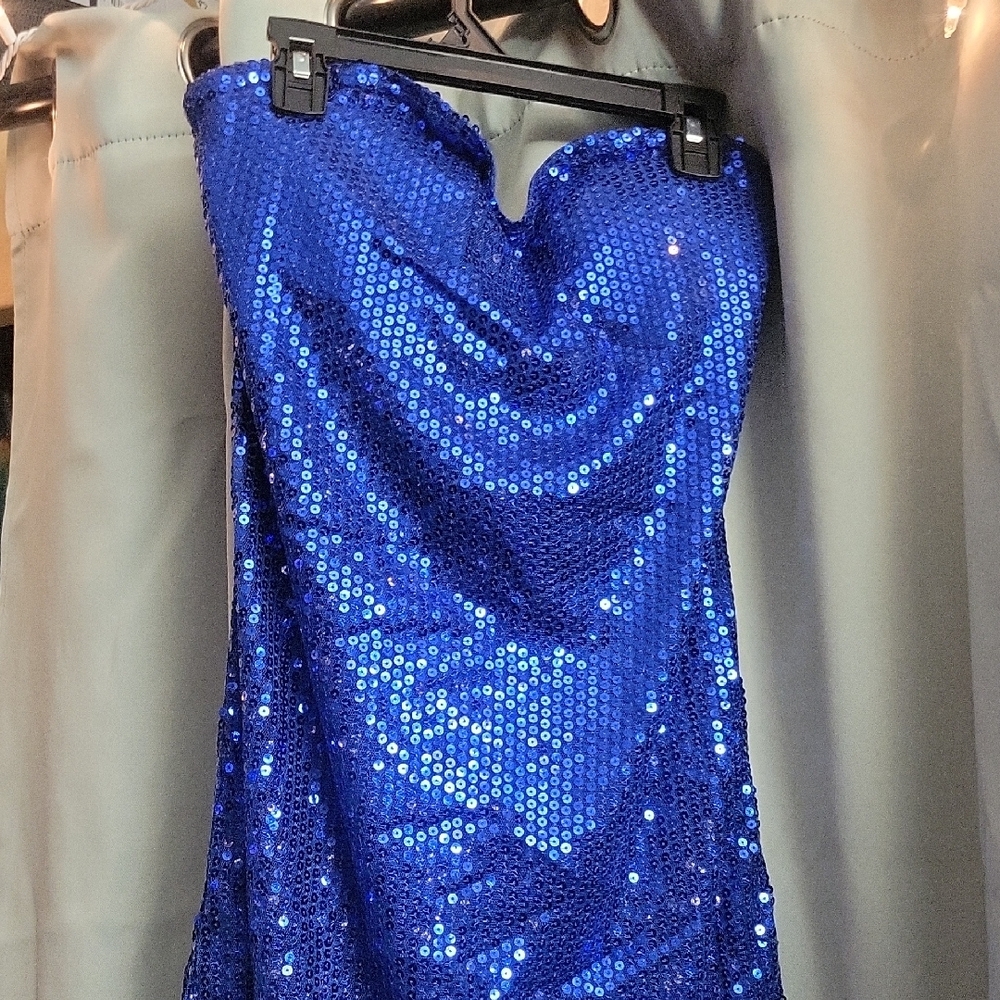 Blue Sequin Strapless Dress